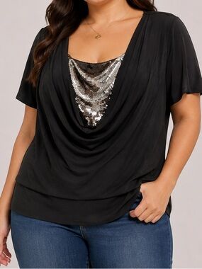 Dressbarn Black Cowl Neck Blouse with Sequin Detail